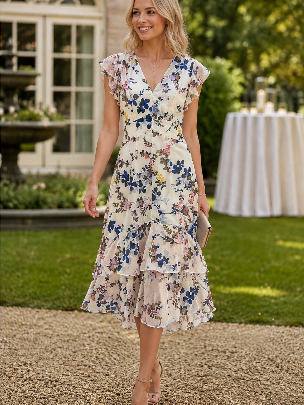 Tommy Hilfiger Cream Floral V-Neck Tiered Midi Dress